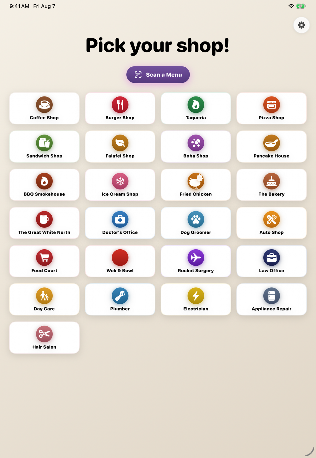 Shop picker on iPad showing all 25 shops as colorful tiles